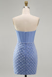 Blue Strapless Satin Bodycon Pearl Corset Beaded Homecoming Dress