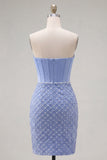 Blue Strapless Satin Bodycon Corset Beaded Homecoming Dress