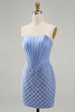 Blue Strapless Satin Bodycon Pearl Corset Beaded Homecoming Dress