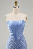 Blue Strapless Satin Bodycon Pearl Corset Beaded Homecoming Dress
