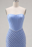 Blue Strapless Satin Bodycon Corset Beaded Homecoming Dress