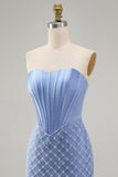 Blue Strapless Satin Bodycon Pearl Corset Beaded Homecoming Dress