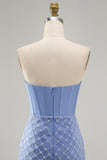 Blue Strapless Satin Bodycon Pearl Corset Beaded Homecoming Dress