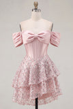 Off the Shoulder Blush Satin A-Line Corset Sequins Homecoming Dress with Bow