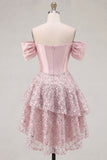 Off the Shoulder Blush Satin A-Line Corset Sequins Homecoming Dress with Bow