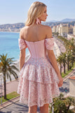 Off the Shoulder Blush Satin A-Line Corset Sequins Homecoming Dress with Bow