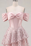 Off the Shoulder Blush Satin A-Line Corset Sequins Homecoming Dress with Bow
