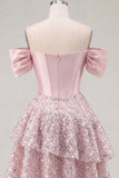 Off the Shoulder Blush Satin A-Line Corset Sequins Homecoming Dress with Bow