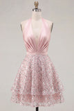 Blush Satin A-Line Halter Neck Ruched Sequins Homecoming Dress