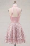 Blush Satin A-Line Halter Neck Ruched Sequins Homecoming Dress