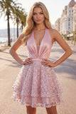 Blush Satin A-Line Halter Neck Ruched Sequins Homecoming Dress