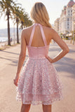 Blush Satin A-Line Halter Neck Ruched Sequins Homecoming Dress