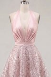 Blush Satin A-Line Halter Neck Ruched Sequins Homecoming Dress