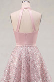 Blush Satin A-Line Halter Neck Ruched Sequins Homecoming Dress