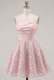 Blush Satin A-Line Strapless Ruched Sequins Cute Homecoming Dress
