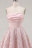 Blush Satin A-Line Strapless Ruched Sequins Cute Homecoming Dress
