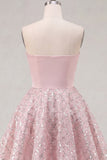 Blush Satin A-Line Strapless Ruched Sequins Cute Homecoming Dress