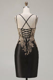 Black Satin Bodycon Ruched Sequins Homecoming Dress with Slit