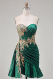 Dark Green Satin Bodycon Sweetheart Ruched Sequins Homecoming Dress with Sash