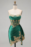 Dark Green Strapless Satin High-Low Corset Homecoming Dress with Gold Sequin Appliques