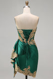 Dark Green Strapless Satin High-Low Corset Homecoming Dress with Gold Sequin Appliques