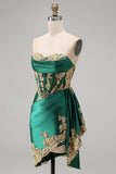 Dark Green Strapless Satin High-Low Corset Homecoming Dress with Gold Sequin Appliques