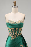 Dark Green Strapless Satin High-Low Corset Homecoming Dress with Gold Sequin Appliques