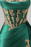 Dark Green Strapless Satin High-Low Corset Homecoming Dress with Gold Sequin Appliques