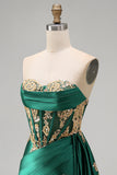 Dark Green Strapless Satin High-Low Corset Homecoming Dress with Gold Sequin Appliques