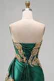 Dark Green Strapless Satin High-Low Corset Homecoming Dress with Gold Sequin Appliques