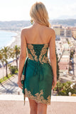 Dark Green Strapless Satin High-Low Corset Homecoming Dress with Gold Sequin Appliques