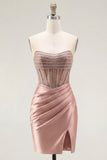 Sweetheart Blush Satin Ruched Sheer Corset Beaded Homecoming Dress with Slit
