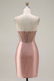 Sweetheart Blush Satin Ruched Sheer Corset Beaded Homecoming Dress with Slit