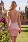Sweetheart Blush Satin Ruched Sheer Corset Beaded Homecoming Dress with Slit
