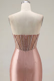 Sweetheart Blush Satin Ruched Sheer Corset Beaded Homecoming Dress with Slit