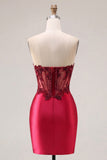 Strapless Satin Burgundy Ruched Sheer Corset Beaded Homecoming Dress with Slit