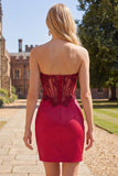 Strapless Satin Burgundy Ruched Sheer Corset Beaded Homecoming Dress with Slit