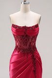Strapless Satin Burgundy Ruched Sheer Corset Beaded Homecoming Dress with Slit