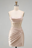 Champagne Sweetheart Satin Ruched Beaded Corset Homecoming Dress with Slit