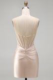Champagne Sweetheart Satin Ruched Beaded Corset Homecoming Dress with Slit