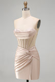 Champagne Sweetheart Satin Ruched Beaded Corset Homecoming Dress with Slit