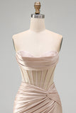 Champagne Sweetheart Satin Ruched Beaded Corset Homecoming Dress with Slit
