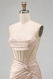 Champagne Sweetheart Satin Ruched Beaded Corset Homecoming Dress with Slit