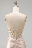 Champagne Sweetheart Satin Ruched Beaded Corset Homecoming Dress with Slit