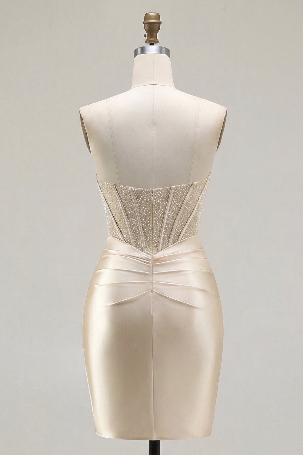 Zapaka Women Champagne Satin Homecoming Dress with Slit Sweetheart Ruched Corset Beaded Mini Cocktail Party Dress – ZAPAKA