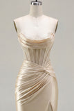 Champagne Sweetheart Satin Ruched Beaded Corset Homecoming Dress with Slit