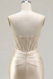 Champagne Sweetheart Satin Ruched Beaded Corset Homecoming Dress with Slit