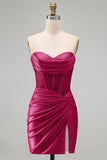 Burgundy Satin Ruched Beaded Sweetheart Sheer Corset Homecoming Dress with Slit