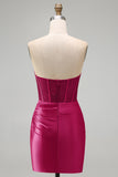 Burgundy Satin Ruched Beaded Sweetheart Sheer Corset Homecoming Dress with Slit