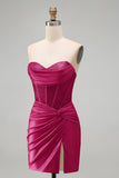 Burgundy Satin Ruched Beaded Sweetheart Sheer Corset Homecoming Dress with Slit